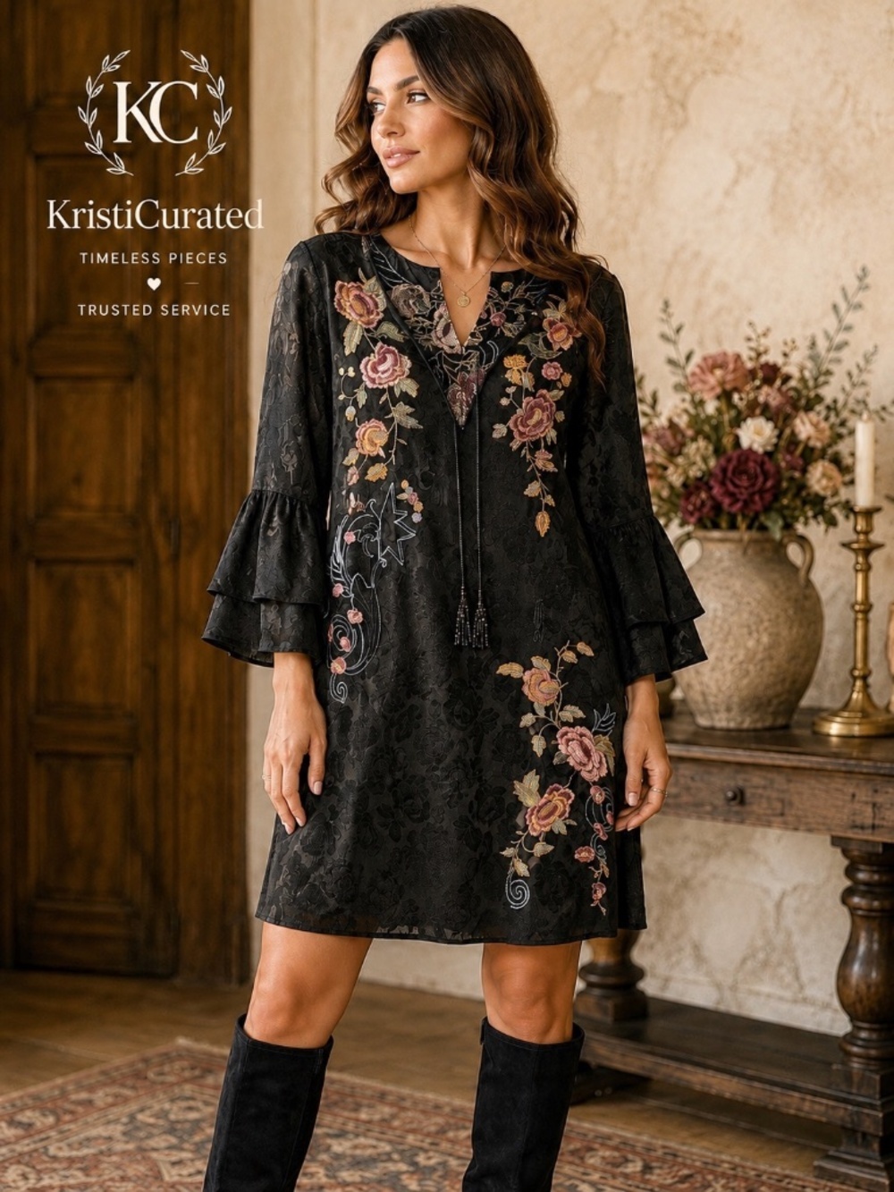 Johnny Was Loretta Ruffle Sleeve Embroidered Black Dress M NWT